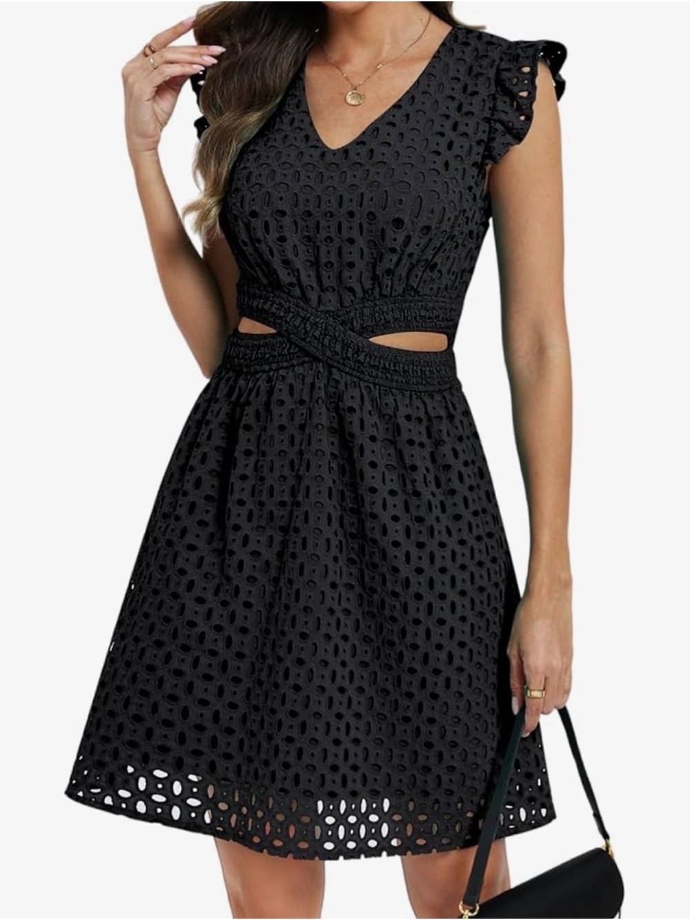 Vimpunec Black Eyelet Midi Dress with Waist Cutouts - size M (8-10)